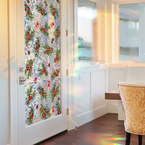3D Rainbow Window Film Static Cling Privacy Glass Sticker Christmas Pine Berry Pinecone Pattern Home Decor