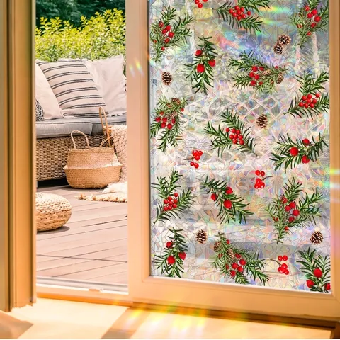 3D Rainbow Window Film Static Cling Privacy Glass Sticker Christmas Pine Berry Pinecone Pattern Home Decor