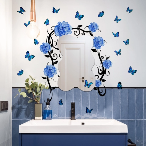 Blue Rose Vine Butterfly Mirror Wall Stickers PET Self Adhesive Floral Wall Decals For Modern Living Room Home Decor