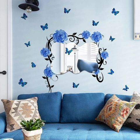Blue Rose Vine Butterfly Mirror Wall Stickers PET Self Adhesive Floral Wall Decals For Modern Living Room Home Decor