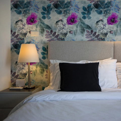 Papel Pintado Autoadhesivo de Amapola Púrpura en Acuarela Vintage Vinilo de Pared de Hoja Azul Para Sala de Estar Dormitorio