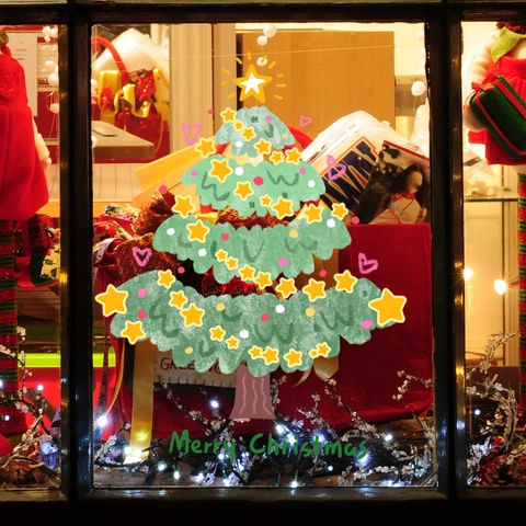 Christmas Tree Window Sticker PVC Static Cling Double Sided Visual Holiday Home Glass Decor Hand Painted Cartoon Tree