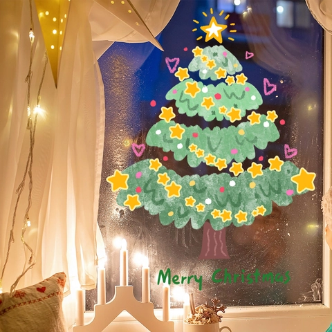 Christmas Tree Window Sticker PVC Static Cling Double Sided Visual Holiday Home Glass Decor Hand Painted Cartoon Tree