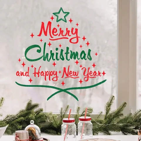 Merry Christmas Window Stickers Double Sided Static Cling PVC Letter Decals For Glass Holiday Home Festival Decoration