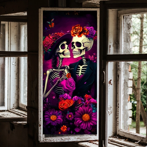Day Of The Dead Halloween Skeleton Couple Wall Sticker Floral Window Cling PVC Waterproof Double Sided Artistic Decor