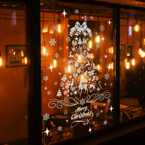 Silver Glitter Christmas Window Stickers Reindeer Snowflake Tree Pattern Double Sided Static Cling Holiday Glass Decor