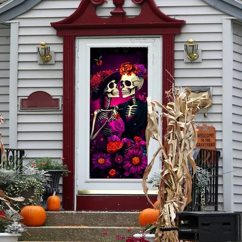 Day Of The Dead Halloween Skeleton Couple Wall Sticker Floral Window Cling PVC Waterproof Double Sided Artistic Decor