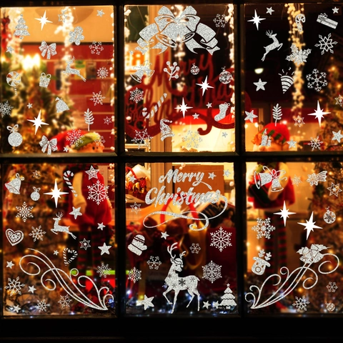 Silver Glitter Christmas Window Stickers Reindeer Snowflake Tree Pattern Double Sided Static Cling Holiday Glass Decor