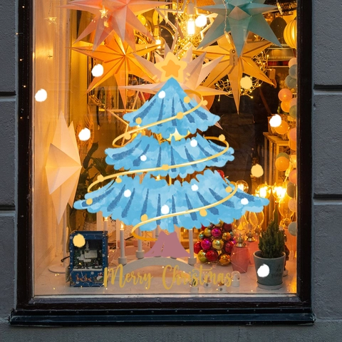Blaue Aquarell Weihnachtsbaum Fensterbilder Statisch Haftend Doppelseitige Glasaufkleber Für Festliche Shop Home Holiday Dekor