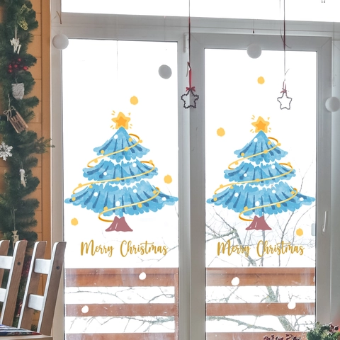 Blaue Aquarell Weihnachtsbaum Fensterbilder Statisch Haftend Doppelseitige Glasaufkleber Für Festliche Shop Home Holiday Dekor