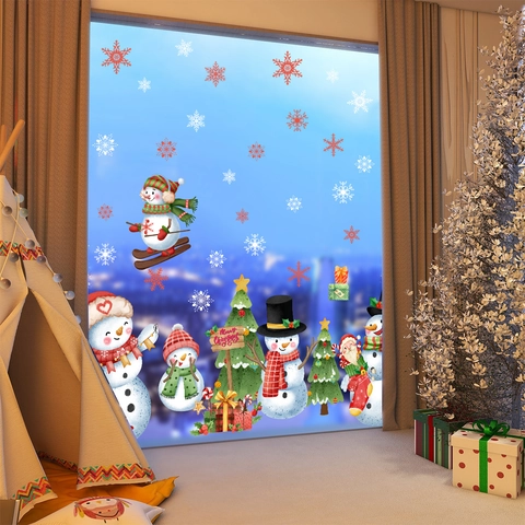 Christmas Window Stickers Snowman Snowflakes Tree Double Sided Static Cling PVC Festive Holiday Glass Decals
