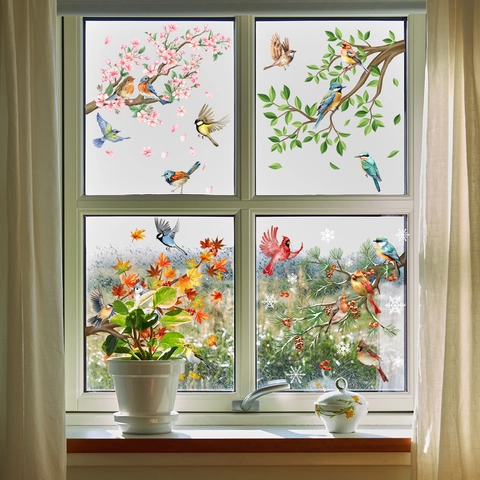 Vensterstickers Vier Seizoenen Vogels Bloemen Dubbelzijdig Statisch PVC Decoratie Natuurlijk Fris