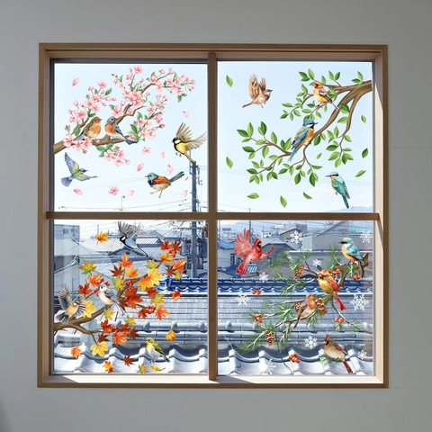 Vensterstickers Vier Seizoenen Vogels Bloemen Dubbelzijdig Statisch PVC Decoratie Natuurlijk Fris