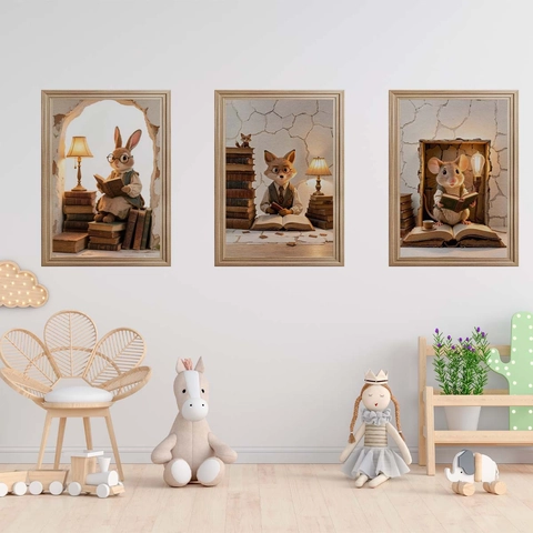 Stickers Muraux Animaux Rétro Lisant Des Livres Effet 3D Lapin Renard Souris Décalcomanies En PVC Pour Chambre D'enfant Maison