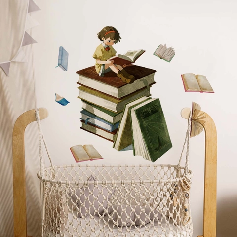 Cartoon Hand Painted Reading Girl Wall Sticker PVC Watercolor Style Self Adhesive Removable Decal For Kids Room Bedroom Study Decor