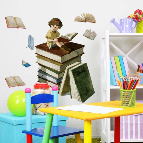 Adesivo da Parete Cartone Animato Dinosauro Ragazza che Legge PVC Impermeabile Mare Stella Marina Floreale Casa Decoro