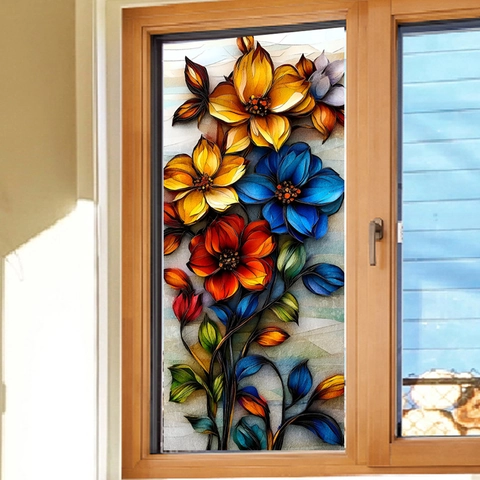 Stained Glass Window Film Static Cling PVC Colorful Floral Pattern Hand Painted Art Decorative For Glass Doors Home Decor