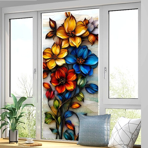 Stained Glass Window Film Static Cling PVC Colorful Floral Pattern Hand Painted Art Decorative For Glass Doors Home Decor