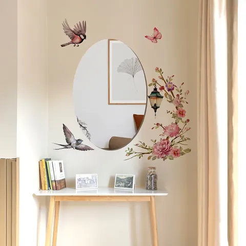 Wall Stickers Mirror Pink Flower Bird Branch Butterfly Self Adhesive PVC Acrylic Decorative For Kids Room Bedroom
