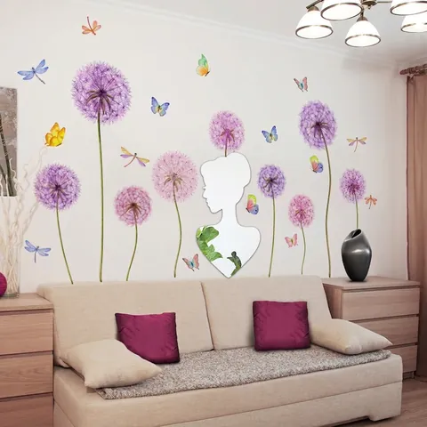 Stickers Muraux Pissenlit Libellule Avec Miroir Acrylique Silhouette De Fille PVC Auto-Adhésif Décoration De Chambre