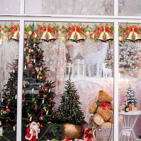 Kerst Muurstickers PVC Zelfklevend Waterdicht Gouden Bellen Rode Strik Dennen Stickers Voor Glas Venster Spiegel Huis Decor