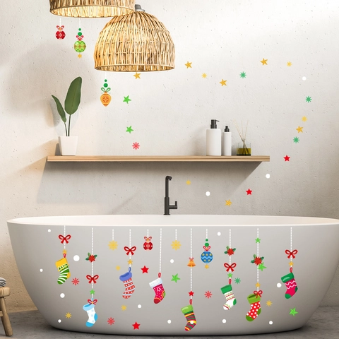 Adesivi Murali Di Natale Calze Appese PVC Visibile Su Entrambi I Lati Decalcomania Per Finestre Impermeabile Decor