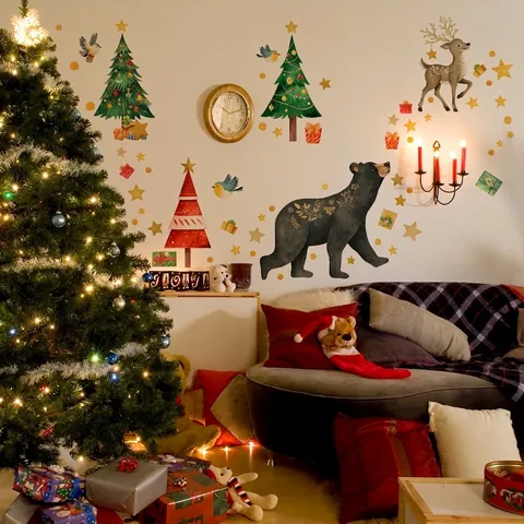 Christmas Wall Stickers PVC Forest Bear Reindeer Christmas Tree Decals Removable Self-Adhesive For Kids Room Window Decor