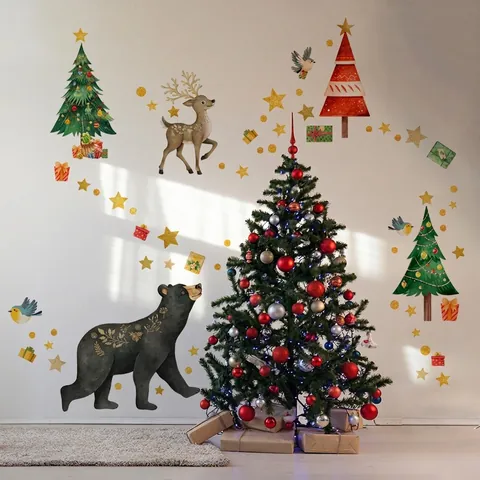 Christmas Wall Stickers PVC Forest Bear Reindeer Christmas Tree Decals Removable Self-Adhesive For Kids Room Window Decor