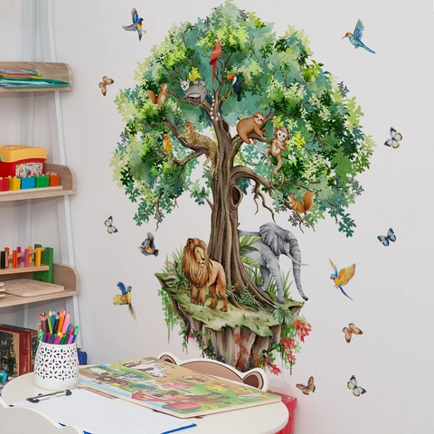 Stickers Muraux Animaux De La Forêt Jungle PVC Imperméable Amovible Arbre Lion Éléphant Singe Décalcomanies Chambre D'enfant