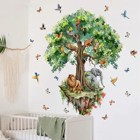 Stickers Muraux Animaux De La Forêt Jungle PVC Imperméable Amovible Arbre Lion Éléphant Singe Décalcomanies Chambre D'enfant