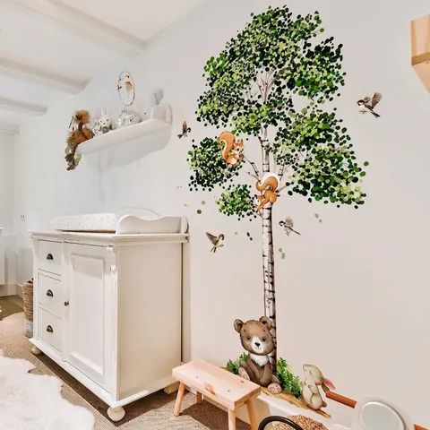 Stickers Muraux Animaux De La Forêt Arbre PVC Autocollant Amovible Décoration Chambre Enfant Style Nordique Écureuil Ours Oiseaux
