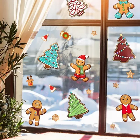Weihnachten Lebkuchenmann Und Baum Statische Fensteraufkleber Doppelseitiger Druck Xmas Glas Aufkleber Home Festliche Deko