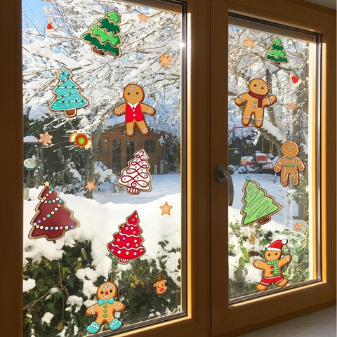 Weihnachten Lebkuchenmann Und Baum Statische Fensteraufkleber Doppelseitiger Druck Xmas Glas Aufkleber Home Festliche Deko