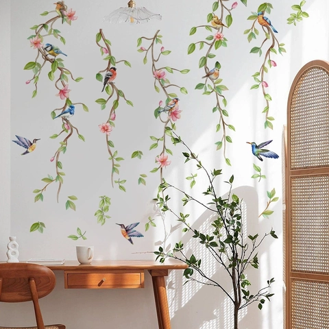 Adesivi Murali Con Uccelli E Fiori Stile Acquerello PVC Decalcomanie Autoadesive Per Soggiorno Camera Da Letto Casa