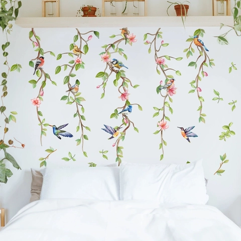 Adesivi Murali Con Uccelli E Fiori Stile Acquerello PVC Decalcomanie Autoadesive Per Soggiorno Camera Da Letto Casa