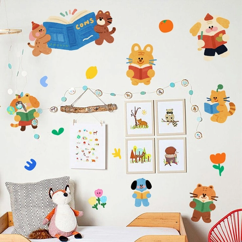 Cartoon Animal Reading Wall Stickers PVC Removable DIY Wall Decals For Nursery Children Bedroom Playroom Decor