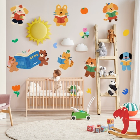 Cartoon Animal Reading Wall Stickers PVC Removable DIY Wall Decals For Nursery Children Bedroom Playroom Decor
