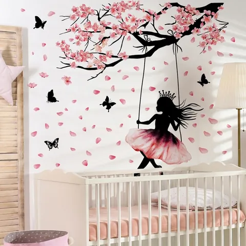 Adesivi Murali Ragazza Altalena Fiori Ciliegio Rosa DIY Farfalla Decalcomanie Muro PVC Per Cameretta Bambini Decor