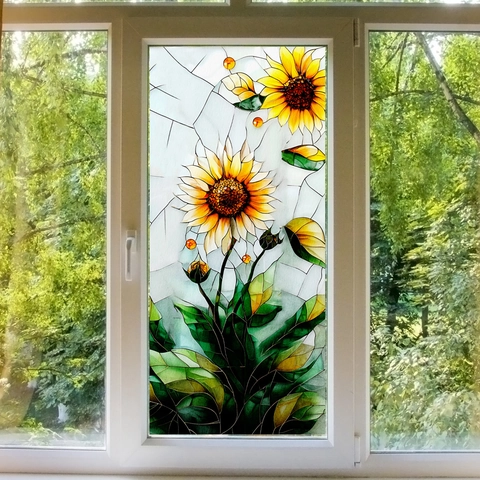 Zonnebloem Glas In Lood Vensterfolie Statische Privacy Glassticker PVC Niet Klevend Retro Decoratieve Sticker