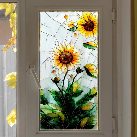 Zonnebloem Glas In Lood Vensterfolie Statische Privacy Glassticker PVC Niet Klevend Retro Decoratieve Sticker