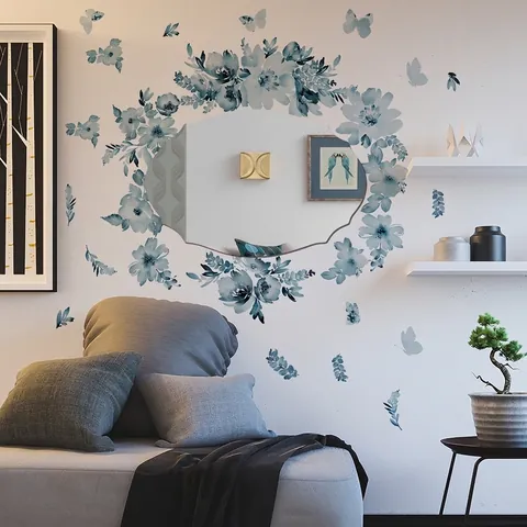 Stickers Muraux Fleurs Papillon Bleu Aquarelle Miroir Acrylique Autocollant Décoration Murale Chambre Salon