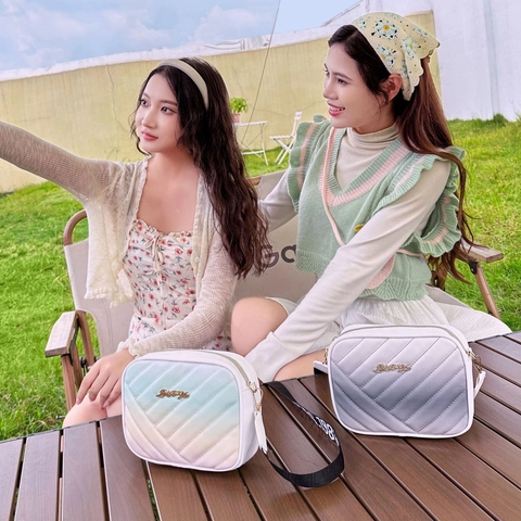 Women Crossbody Bag PU Leather Gradient Rainbow Quilted Small Square Shoulder Purse With Wide Letter Strap Fashion Casual