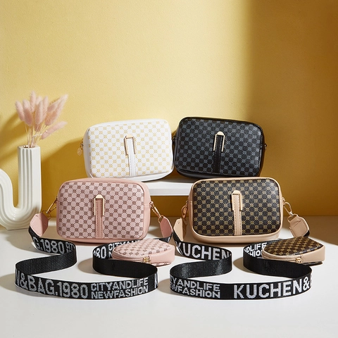 Vintage Print PU Leather Camera Bag With Wide Letter Strap And Mini Round Pouch Crossbody Shoulder Bag For Women