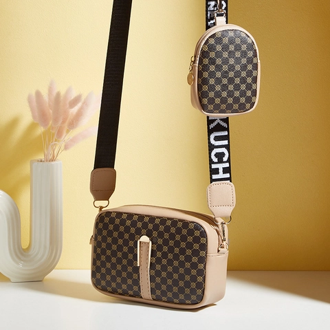 Vintage Print PU Leather Camera Bag With Wide Letter Strap And Mini Round Pouch Crossbody Shoulder Bag For Women