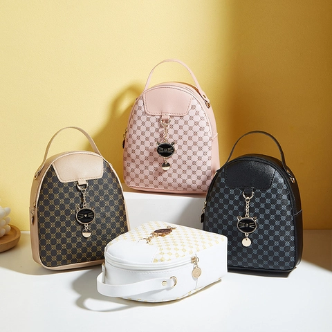Mini Bolso Bandolera de Moda para Mujer Estampado Vintage de Cuero PU Bolso de Teléfono Con Colgante de Gato Mochila Multifunción Pequeña