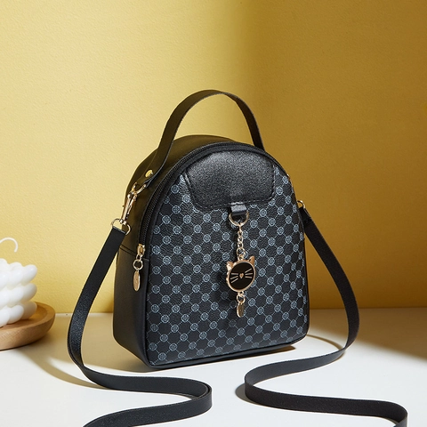 Mini Bolso Bandolera de Moda para Mujer Estampado Vintage de Cuero PU Bolso de Teléfono Con Colgante de Gato Mochila Multifunción Pequeña
