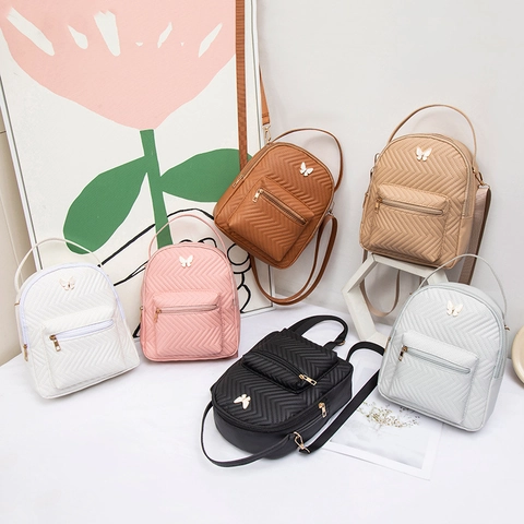 Damen Mode Mini Gesteppter Rucksack PU Leder Schmetterling Deko Süße Kleine Umhängetasche Lässige Reise Daypack
