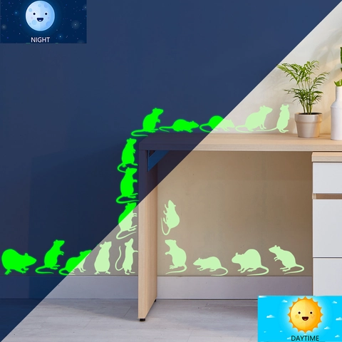 Stickers Muraux Souris Lumineux Vert Fluorescent PVC Silhouette Animale Autocollant Décoration Maison