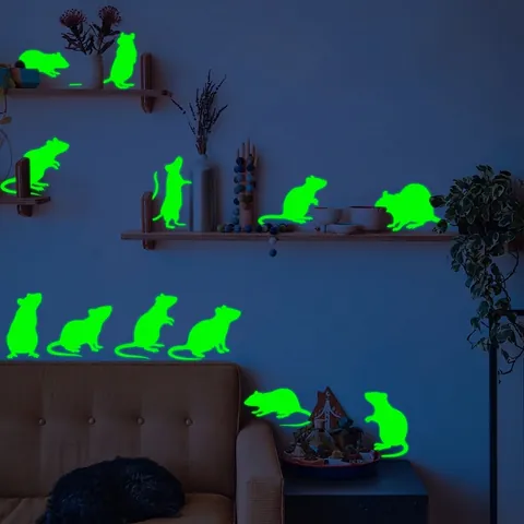 Stickers Muraux Souris Lumineux Vert Fluorescent PVC Silhouette Animale Autocollant Décoration Maison