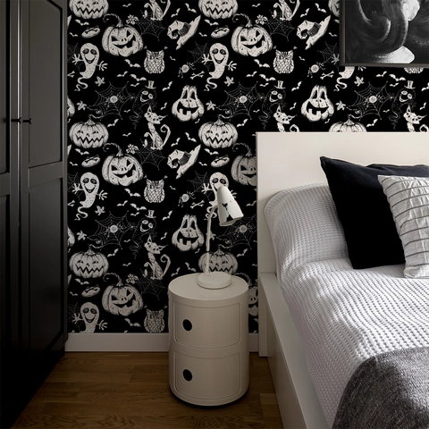 Halloween Wallpaper Wall Sticker Black White Pumpkin Ghost Bat Spider Web Pattern Self-Adhesive Removable Home Decor Mural